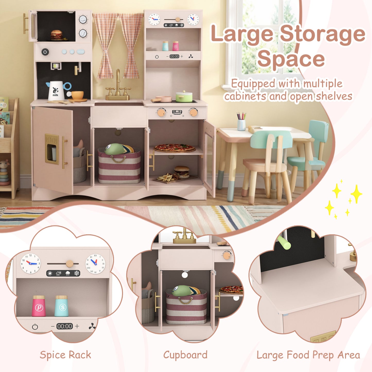 Wooden Play Kitchen Set with Microwave and Coffee Maker