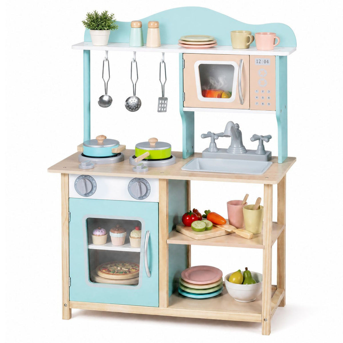 Wooden Kids Pretend Play Kitchen Playset with Sink Faucet Oven and Utensils-Blue