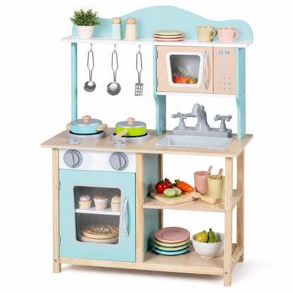 Wooden Kids Pretend Play Kitchen Playset with Sink Faucet Oven and Utensils-Blue