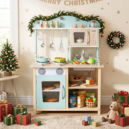 Wooden Kids Pretend Play Kitchen Playset with Sink Faucet Oven and Utensils-Blue