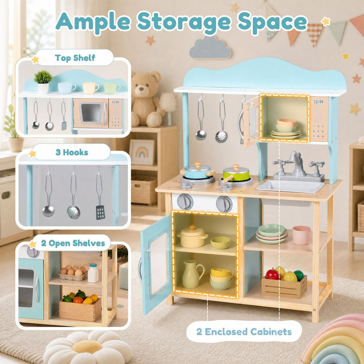 Wooden Kids Pretend Play Kitchen Playset with Sink Faucet Oven and Utensils-Blue