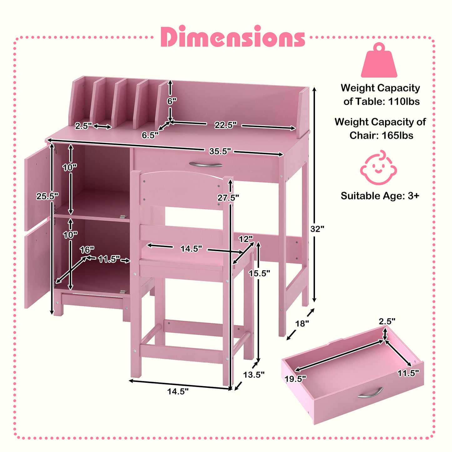 Wooden Kids Study Desk and Chair Set Student Workstation-Pink