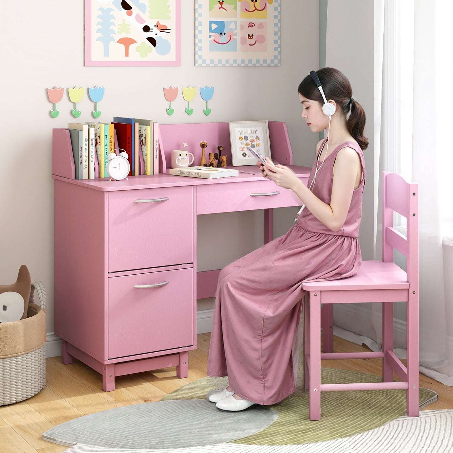 Wooden Kids Study Desk and Chair Set Student Workstation-Pink