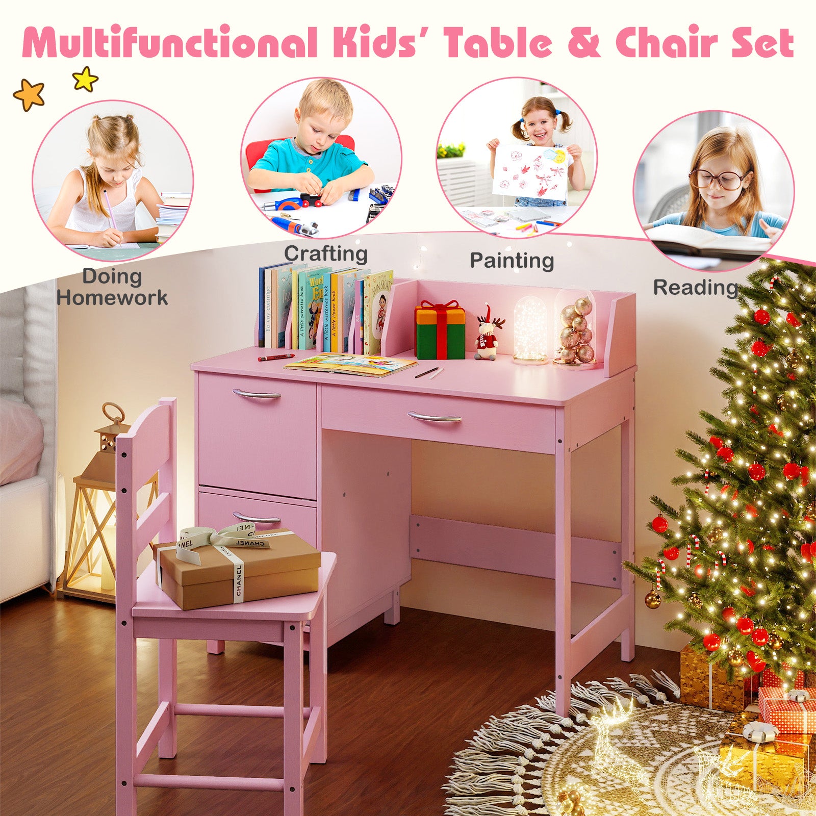 Wooden Kids Study Desk and Chair Set Student Workstation-Pink