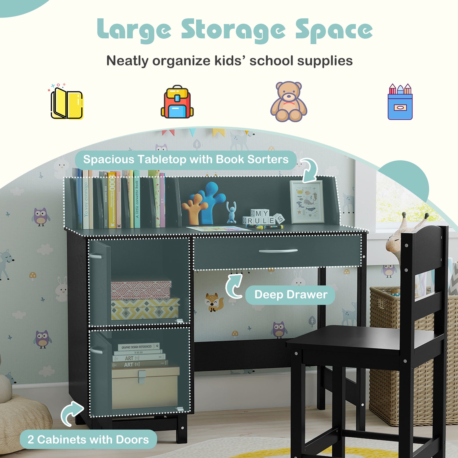 Wooden Kids Study Desk and Chair Set Student Workstation-Black
