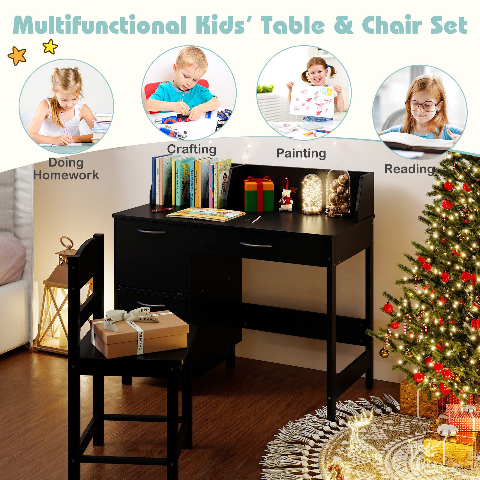 Wooden Kids Study Desk and Chair Set Student Workstation-Black