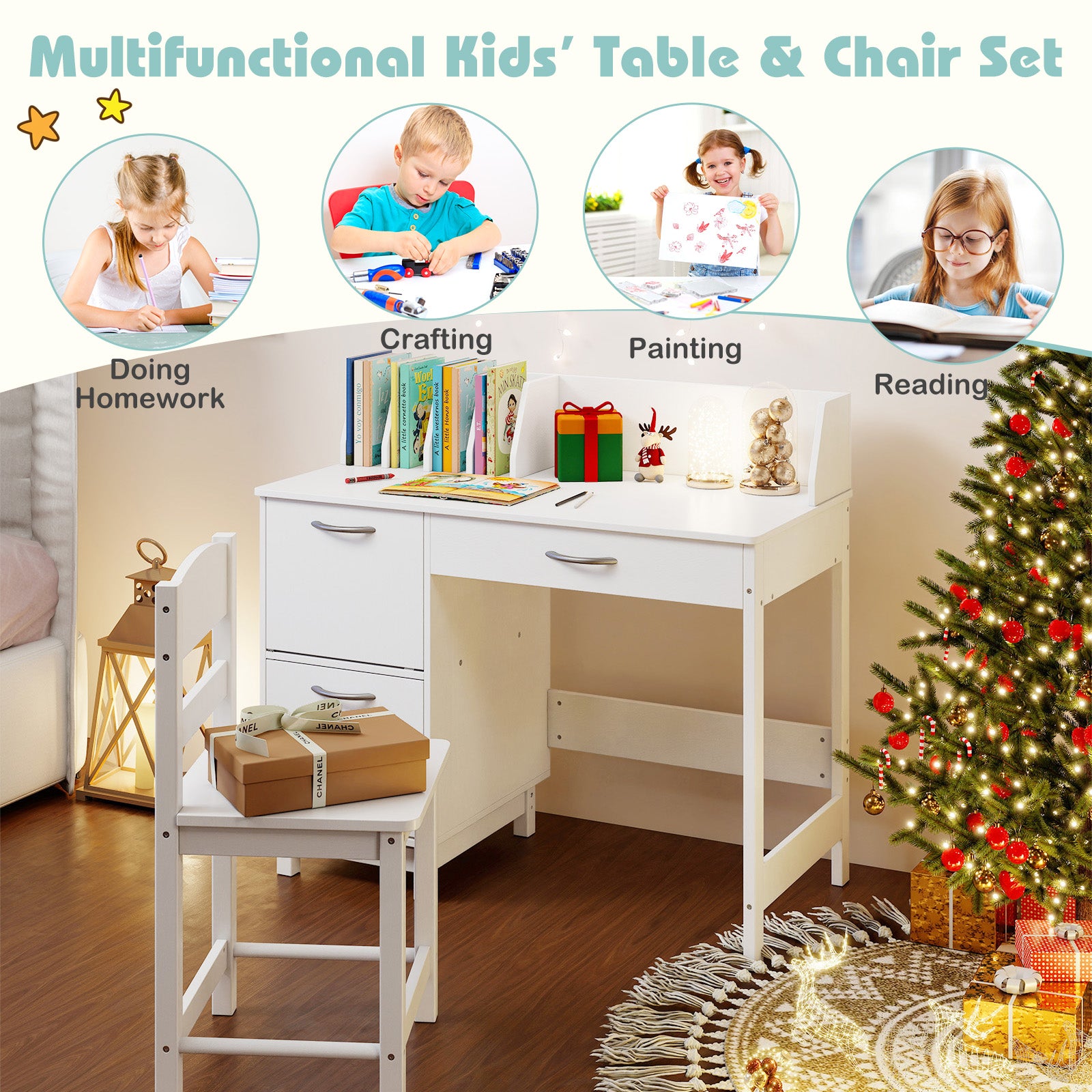 Wooden Kids Study Desk and Chair Set Student Workstation-White