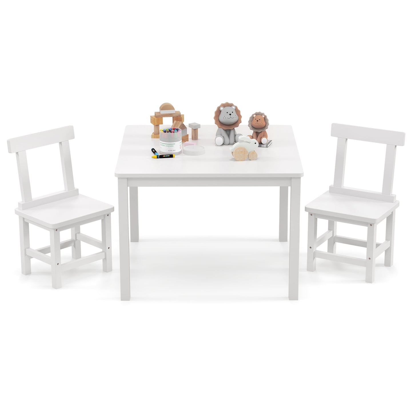 Wooden Kids Table and 2 Chairs Set with Anti-slip Foot Pads-White - White