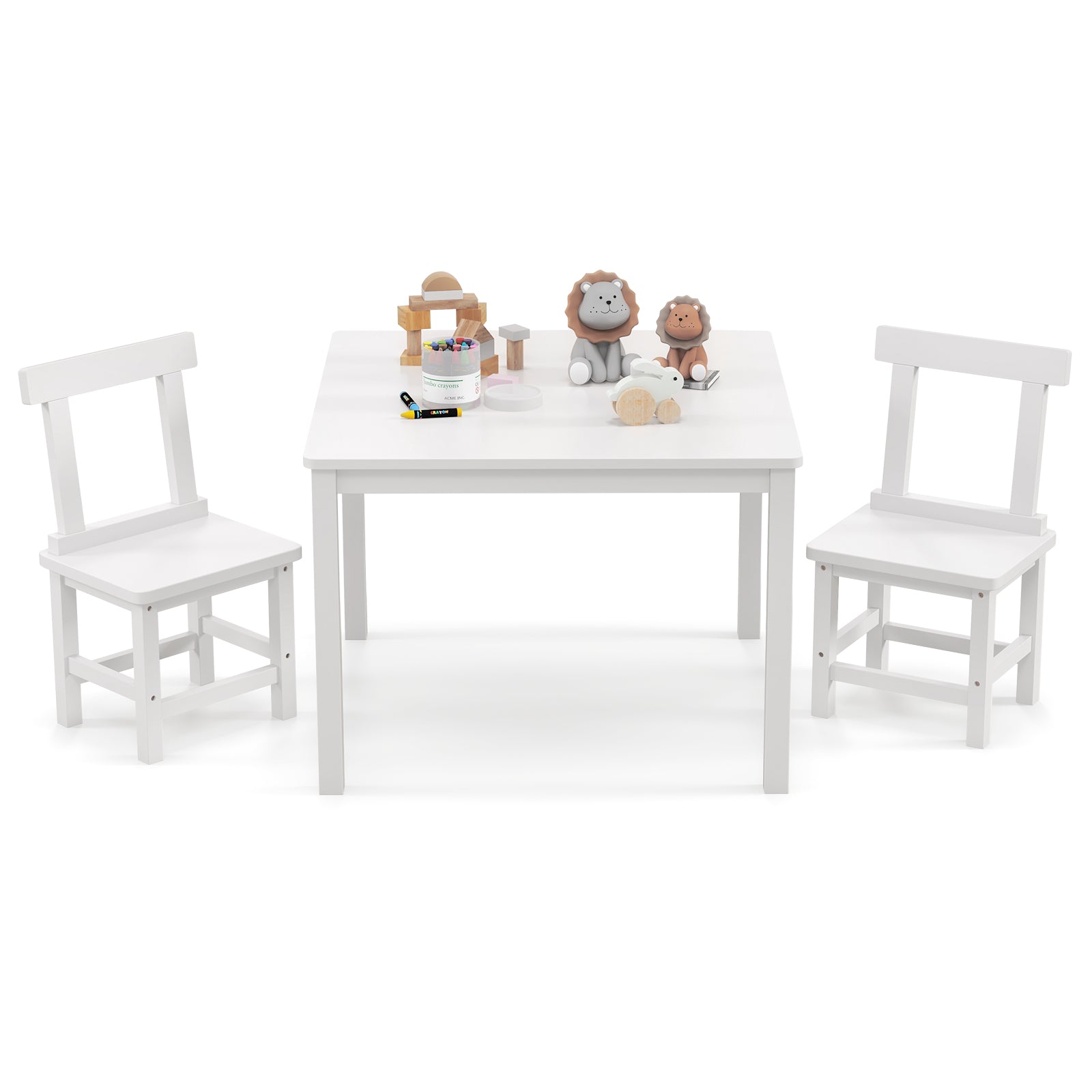 Wooden Kids Table and 2 Chairs Set with Anti-slip Foot Pads-White - White