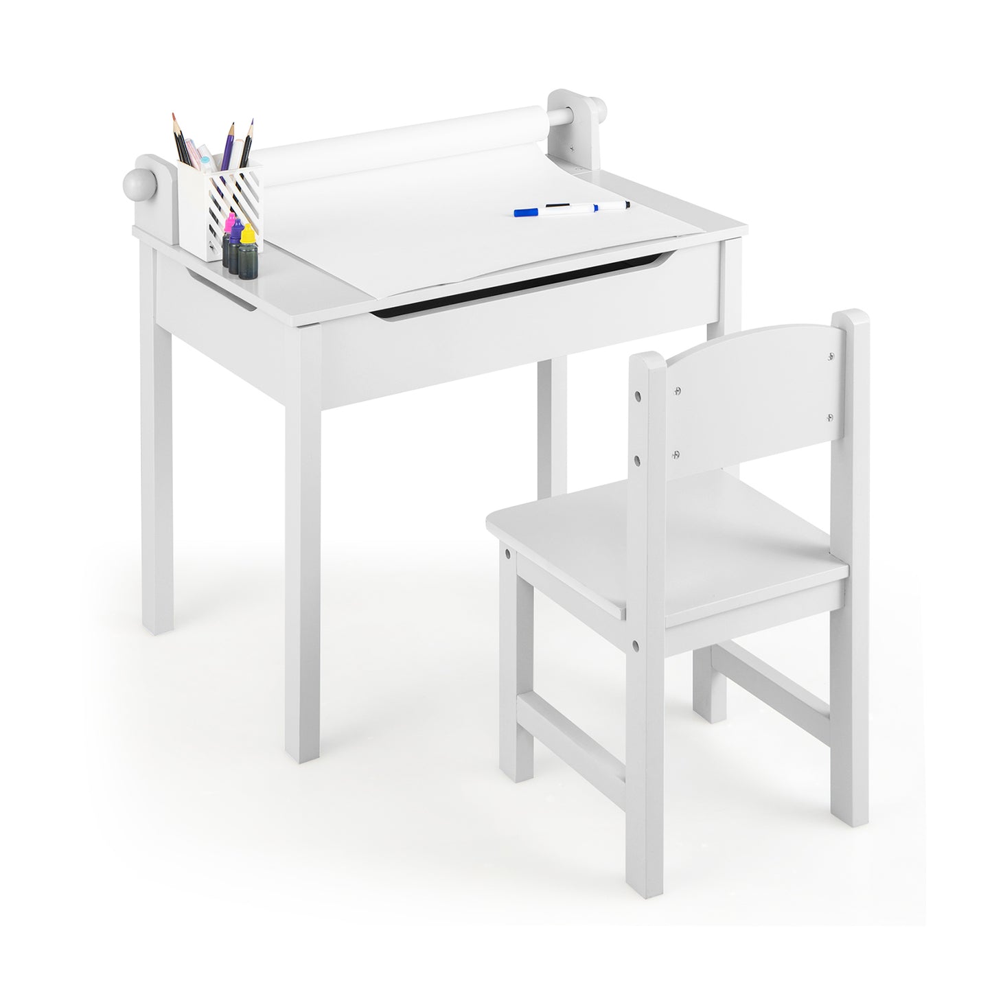 Wooden Kids Table and Chair Set with Storage and Paper Roll Holder-White - White