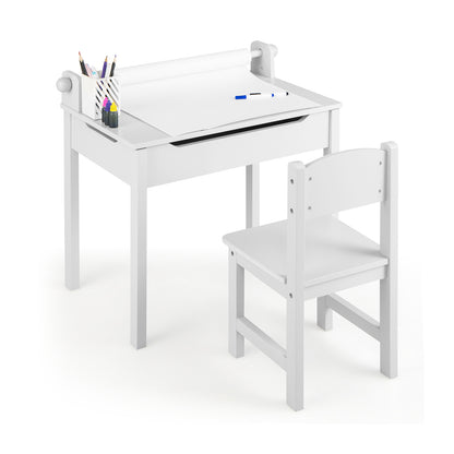 Wooden Kids Table and Chair Set with Storage and Paper Roll Holder-White - White