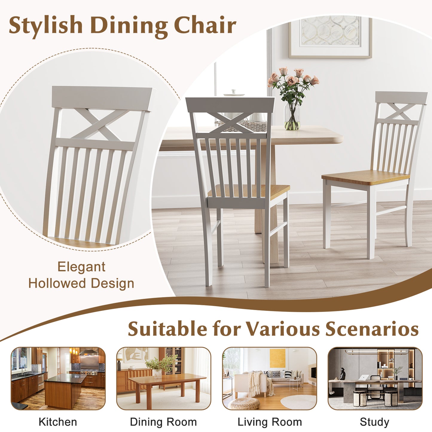 Wooden Kitchen Dining Chair Set of 2 with Rubber Wood Frame-Natural