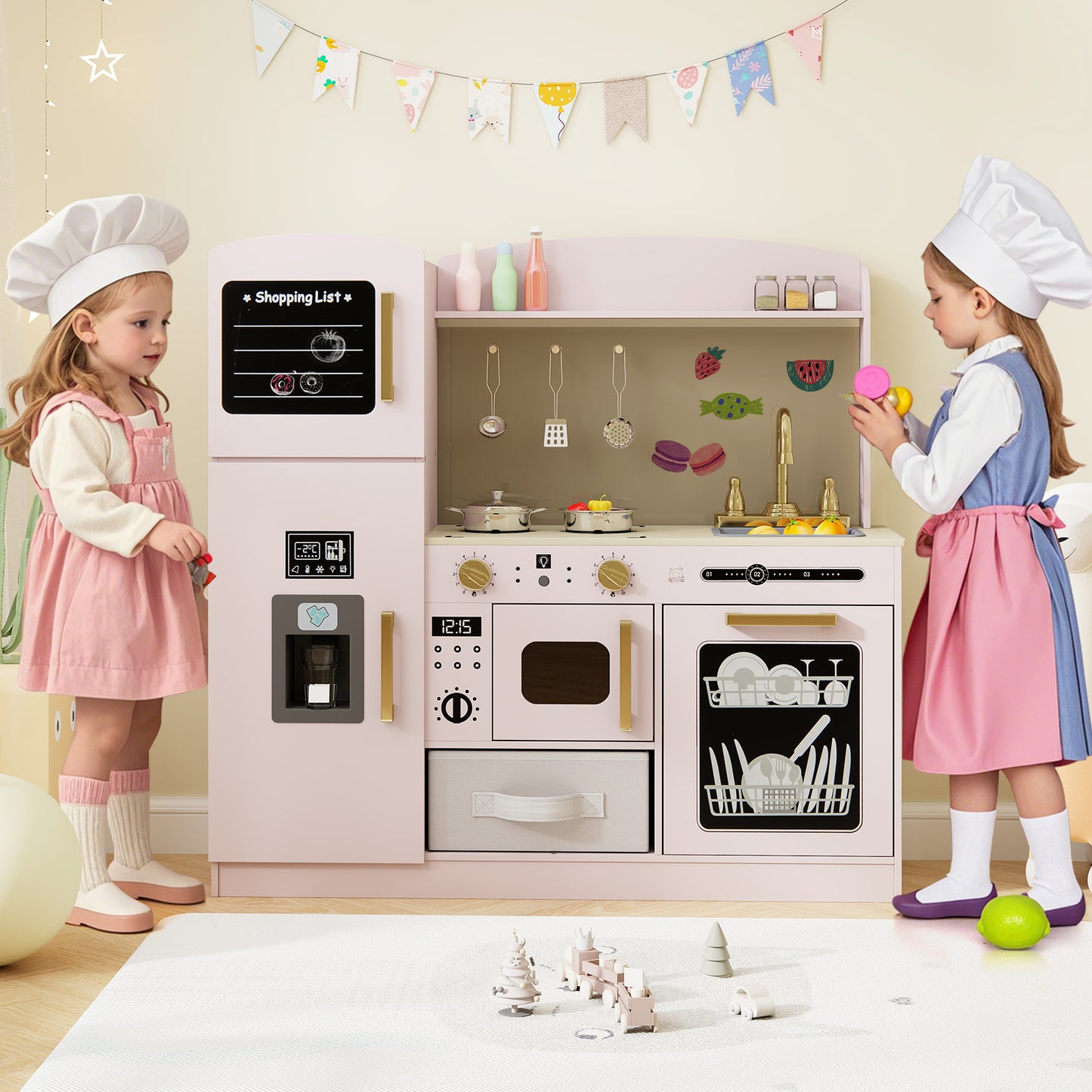 Wooden Kids Kitchen Playset with Chalkboard Ice Maker Sink Lighted Microwave