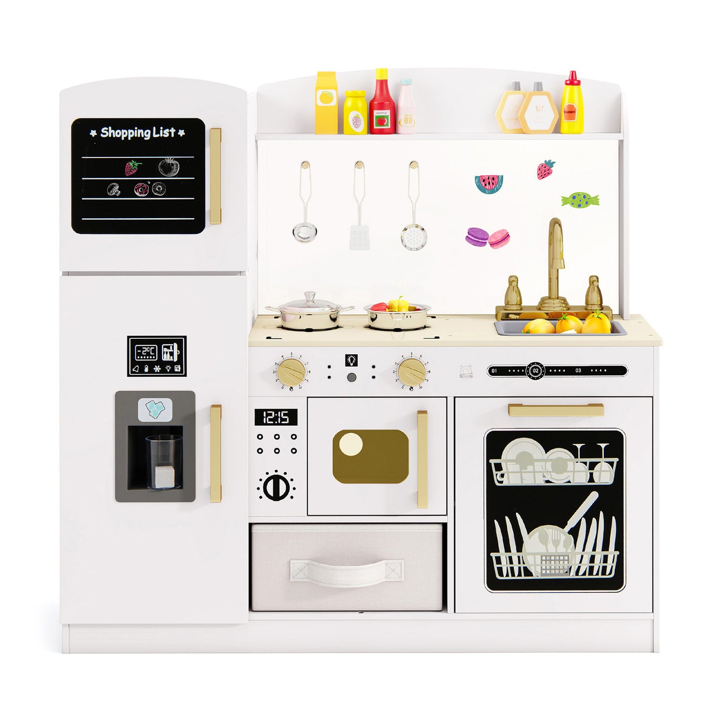 Wooden Kids Kitchen Playset with Chalkboard Ice Maker Sink Lighted Microwave-White - White