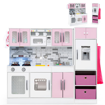 Wooden Kitchen Playset with Lights and Sounds for Ages 3+-Gray - Pink