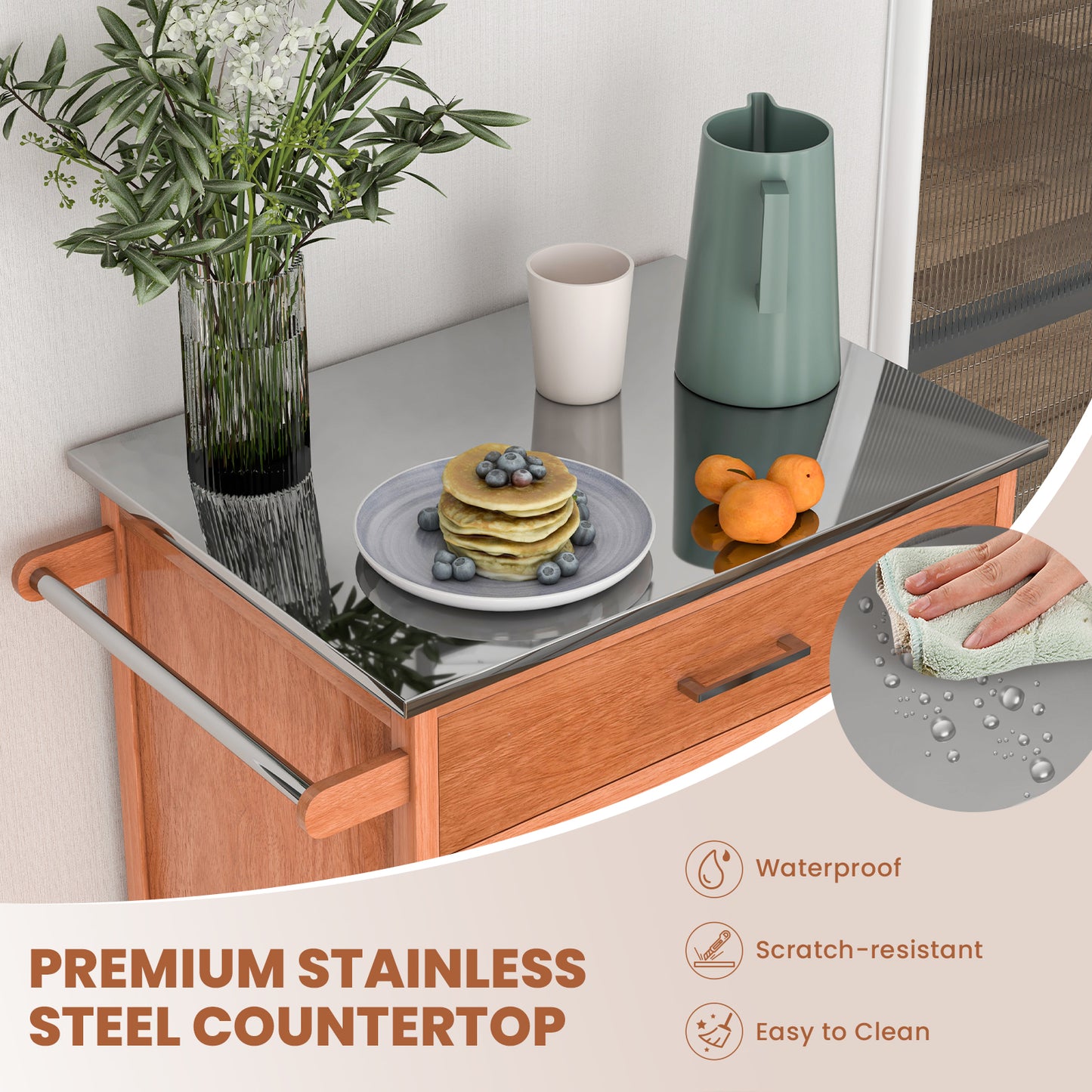 Wooden Kitchen Rolling Storage Cabinet with Stainless Steel Top