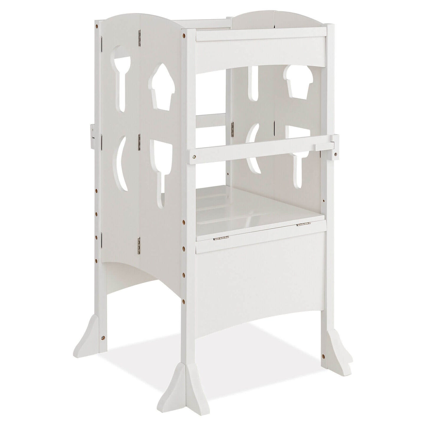 Folding Wooden Step Stool with Lockable Safety Rail for Toddler 3+-White - White