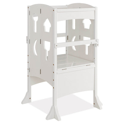 Folding Wooden Step Stool with Lockable Safety Rail for Toddler 3+-White - White