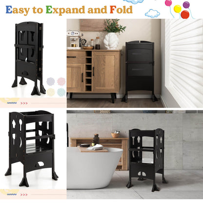 Folding Wooden Step Stool with Lockable Safety Rail for Toddler 3+