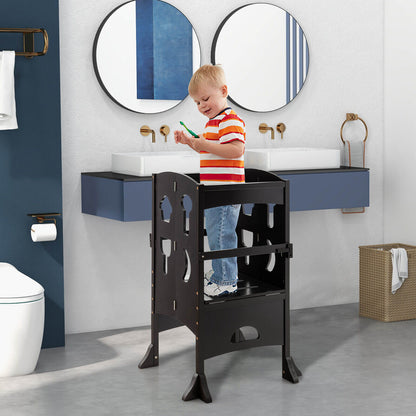 Folding Wooden Step Stool with Lockable Safety Rail for Toddler 3+