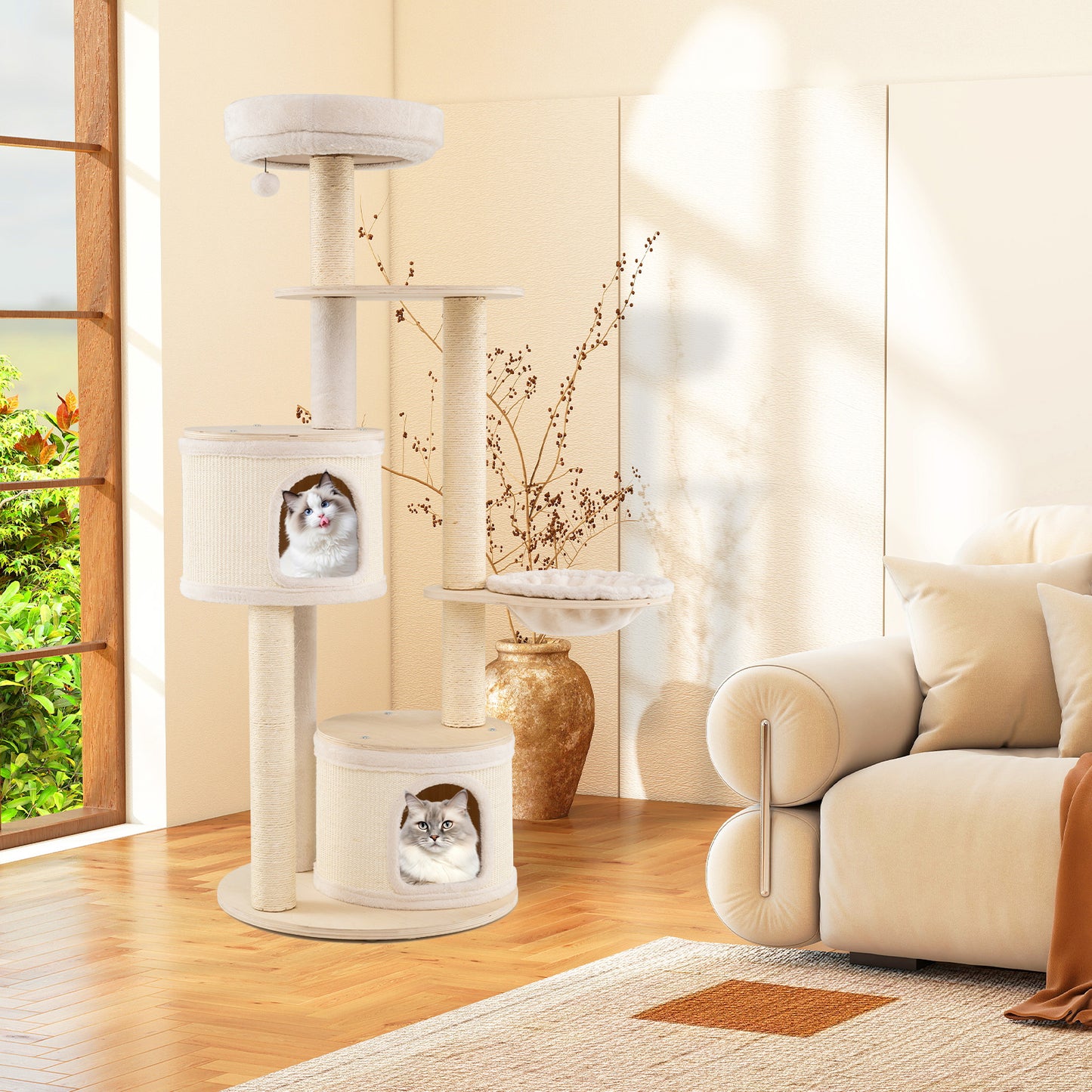 Wooden Kitten Tower with Sisal Scratching Posts and 2 Condos-Natural