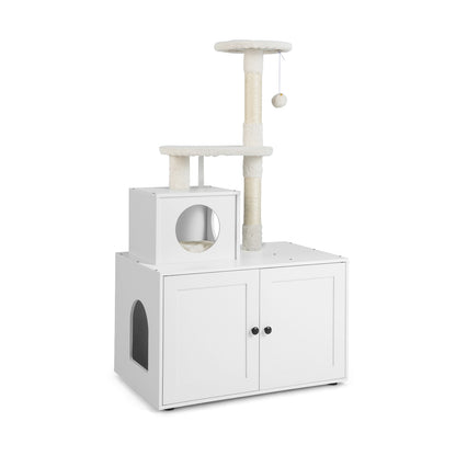 Cat Tree with Litter Box Enclosure with Cat Condo-Rustic Brown - White
