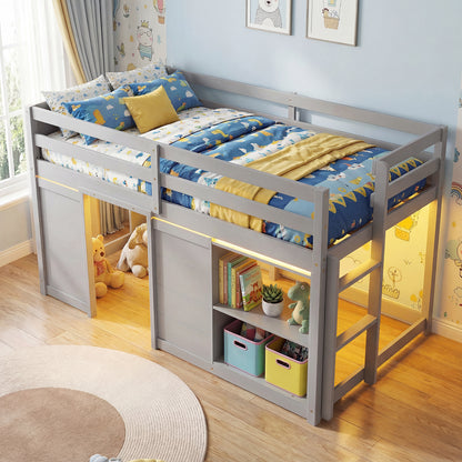Wooden Low Kids Loft Bed with LED Lights and 2 Doors-Gray