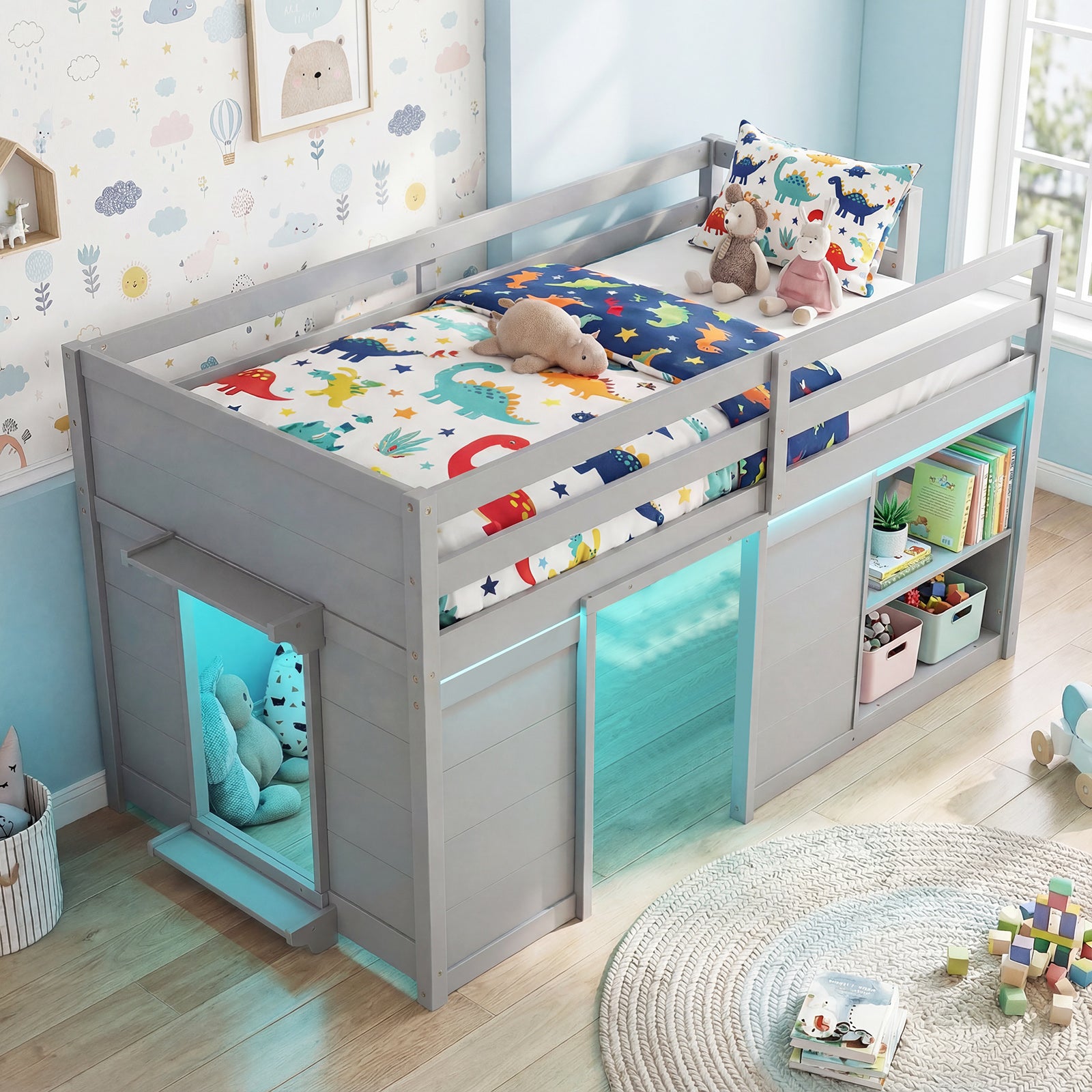 Wooden Low Kids Loft Bed with LED Lights and 2 Doors-Gray