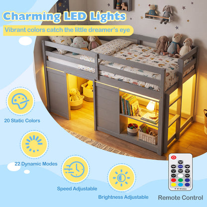 Wooden Low Kids Loft Bed with LED Lights and 2 Doors-Gray
