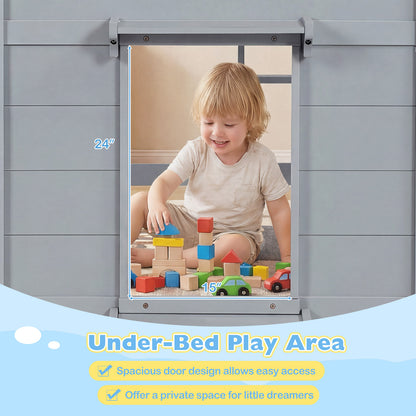 Wooden Low Kids Loft Bed with LED Lights and 2 Doors-Gray