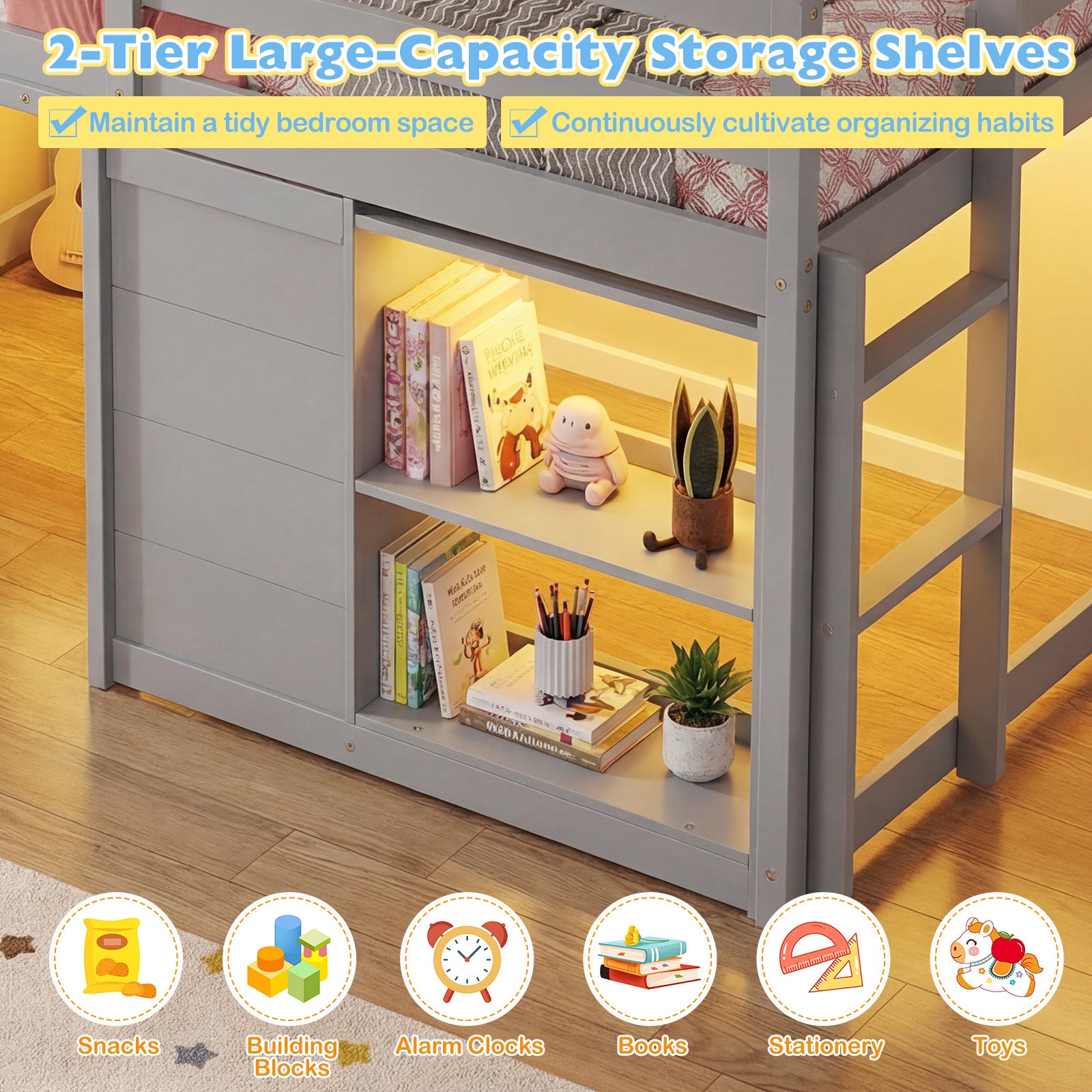 Wooden Low Kids Loft Bed with LED Lights and 2 Doors-Gray