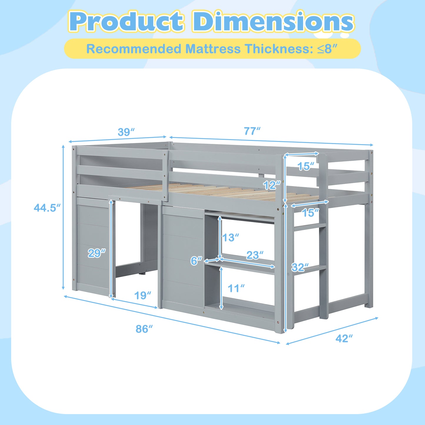 Wooden Low Kids Loft Bed with LED Lights and 2 Doors-Gray