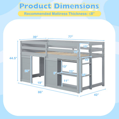 Wooden Low Kids Loft Bed with LED Lights and 2 Doors-Gray