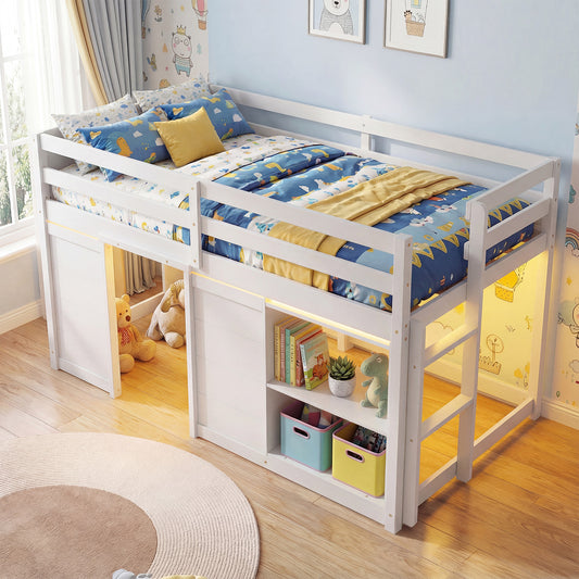 Wooden Low Kids Loft Bed with LED Lights and 2 Doors-White