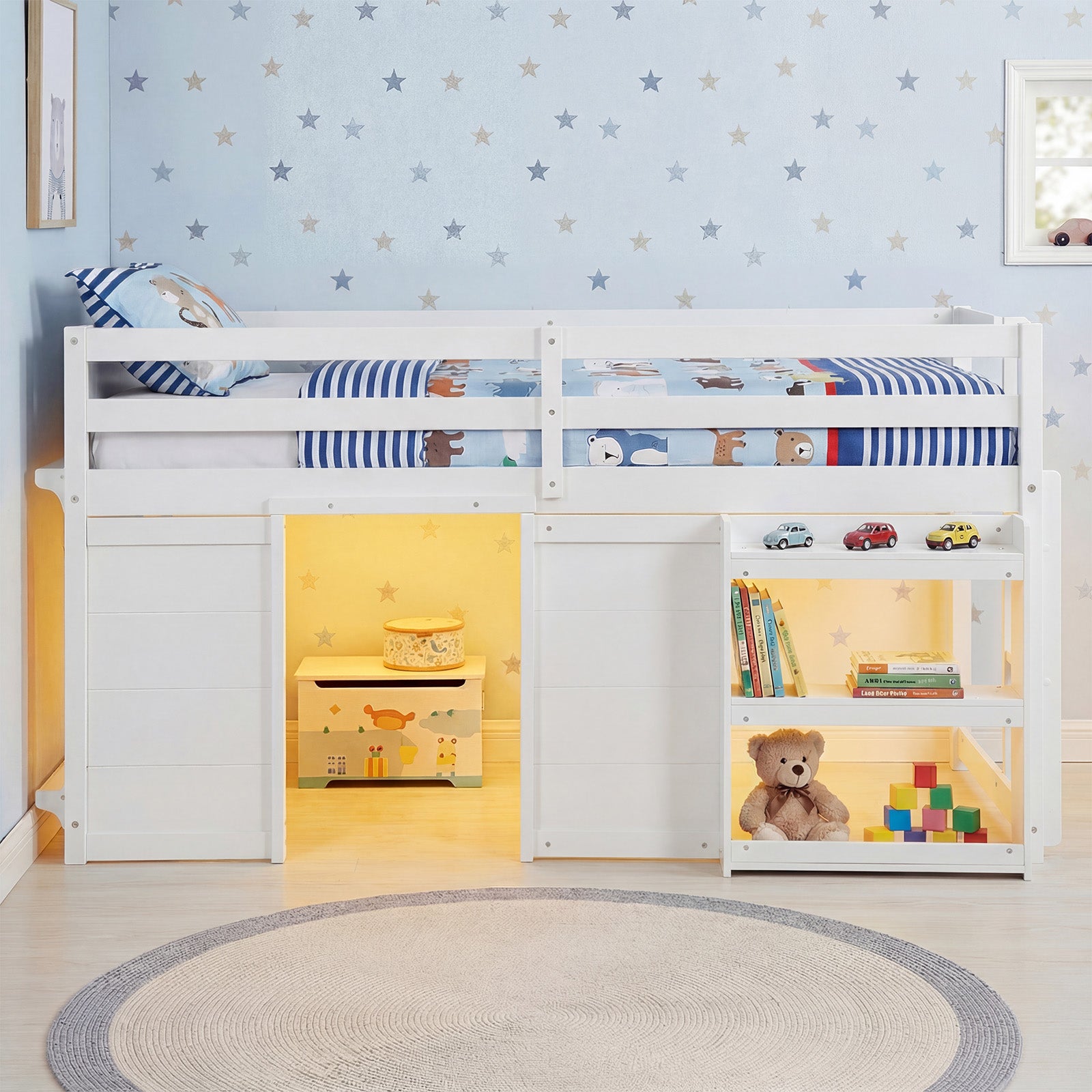Wooden Low Kids Loft Bed with LED Lights and 2 Doors-White