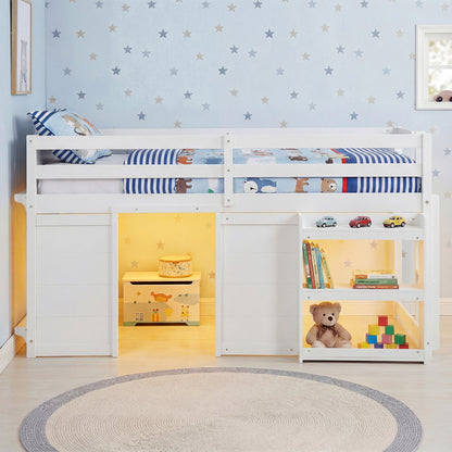Wooden Low Kids Loft Bed with LED Lights and 2 Doors-White