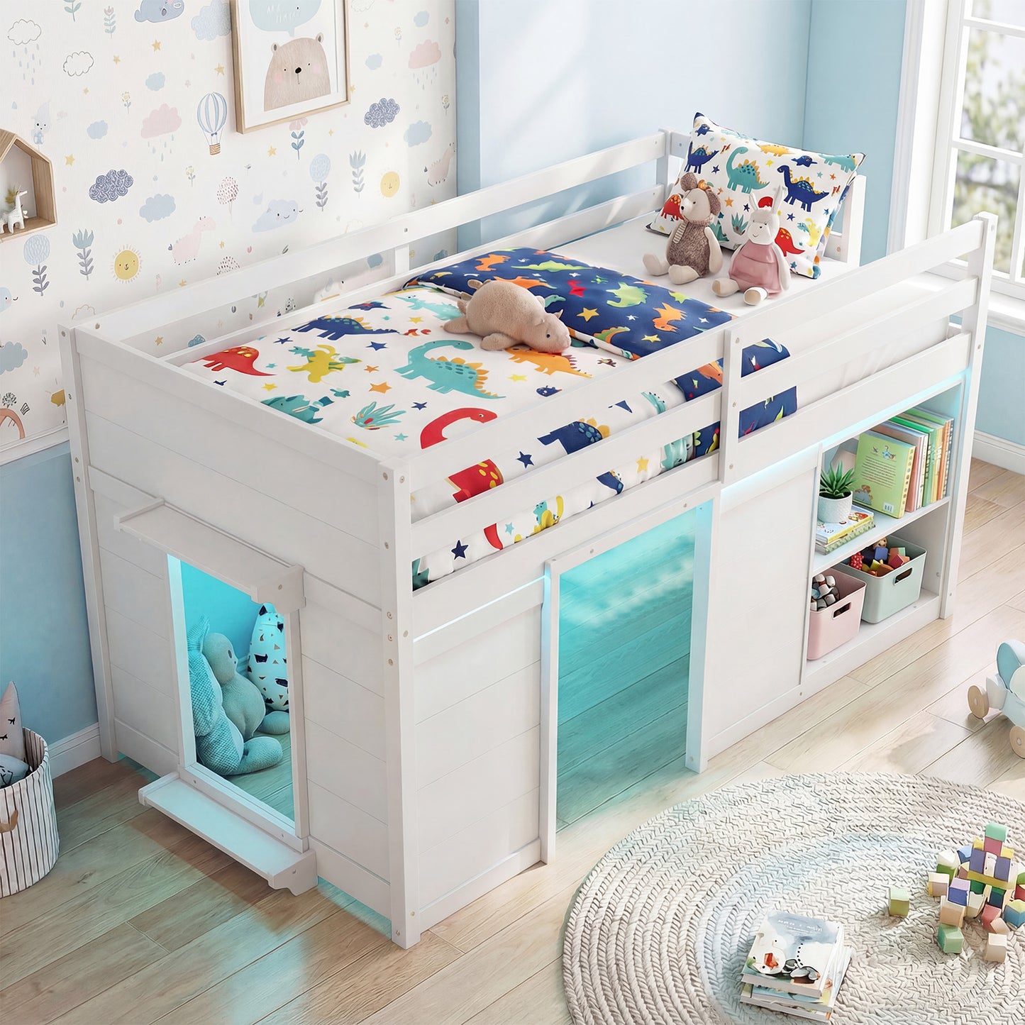 Wooden Low Kids Loft Bed with LED Lights and 2 Doors-White