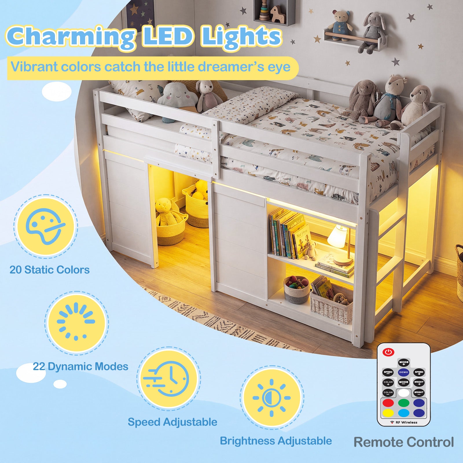 Wooden Low Kids Loft Bed with LED Lights and 2 Doors-White