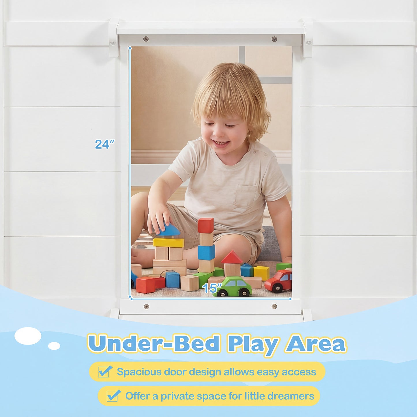 Wooden Low Kids Loft Bed with LED Lights and 2 Doors-White