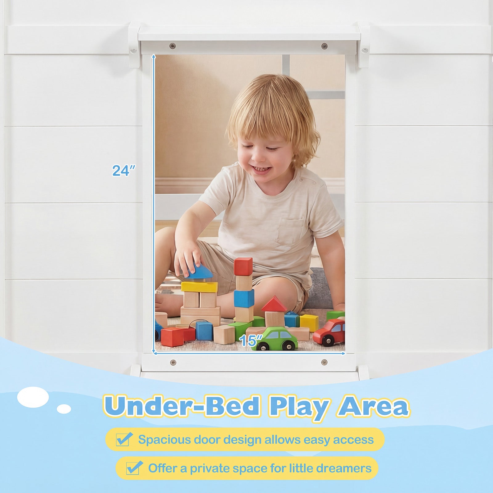 Wooden Low Kids Loft Bed with LED Lights and 2 Doors-White