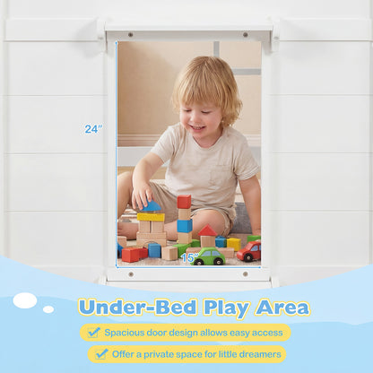 Wooden Low Kids Loft Bed with LED Lights and 2 Doors-White