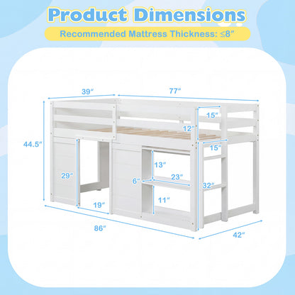 Wooden Low Kids Loft Bed with LED Lights and 2 Doors-White