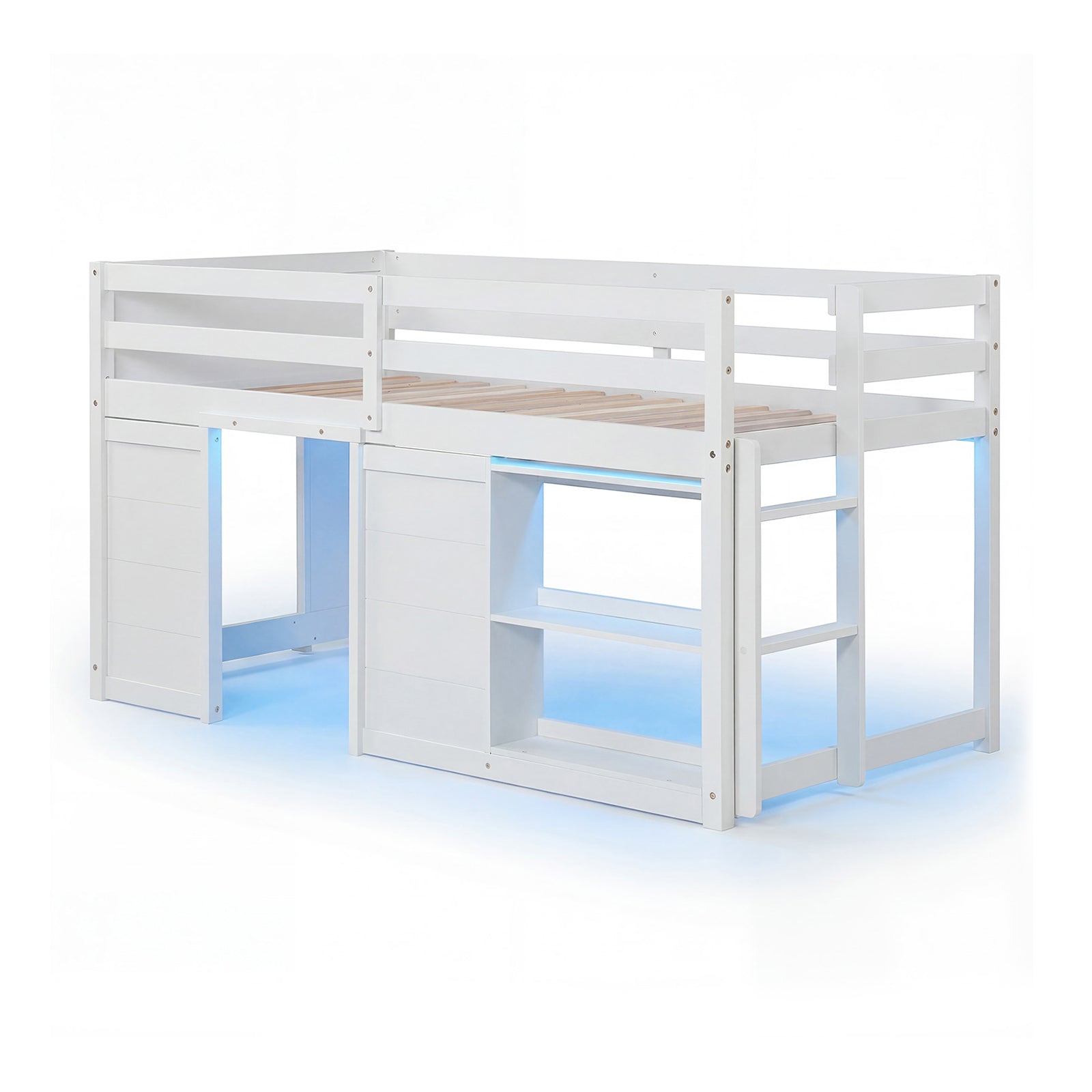 Wooden Low Kids Loft Bed with LED Lights and 2 Doors-White