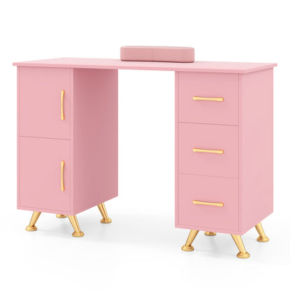 Wooden Manicure Table Nail Desk with Drawers Wrist Rest-Pink - Pink