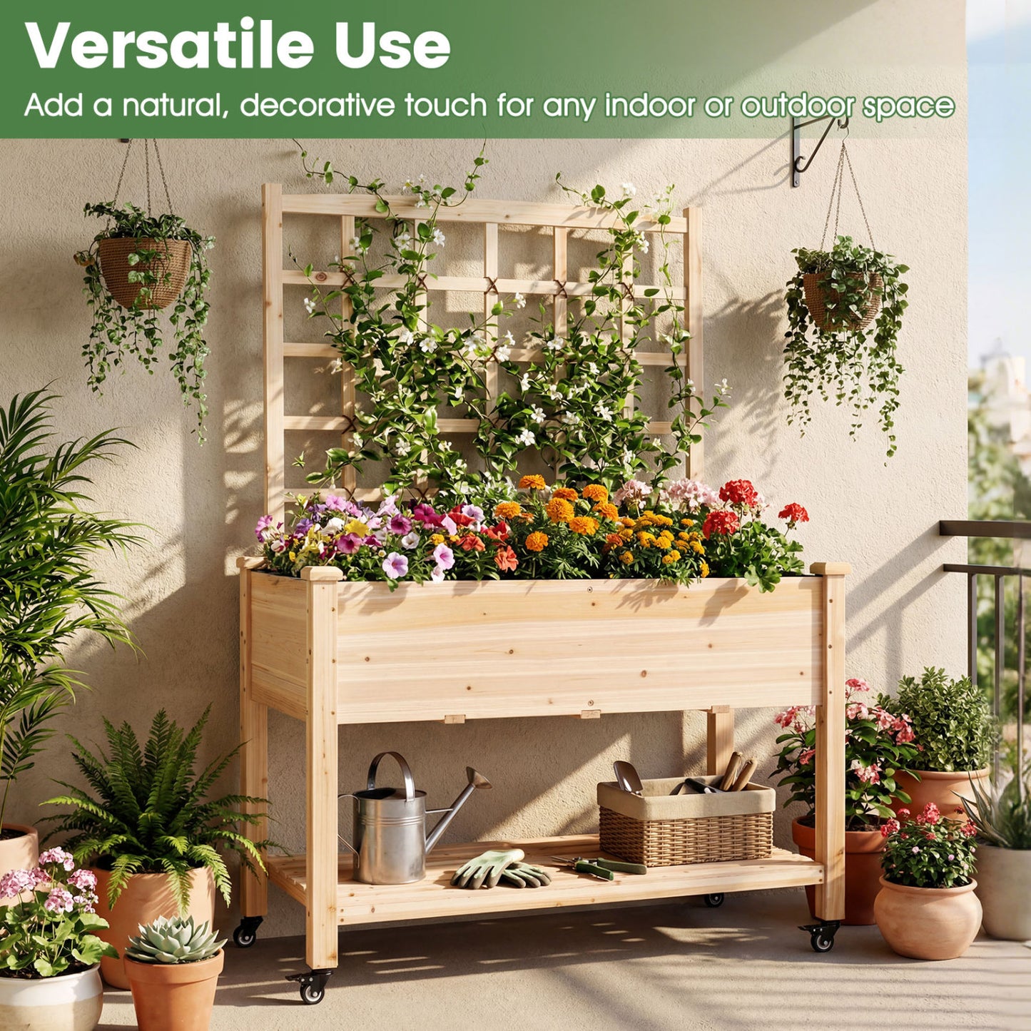 Wooden Mobile Raised Garden Bed on Wheels with Trellis