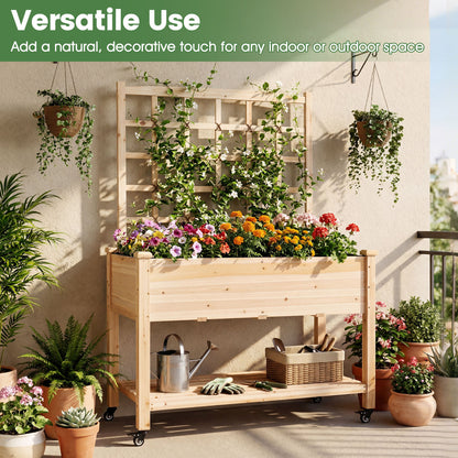 Wooden Mobile Raised Garden Bed on Wheels with Trellis