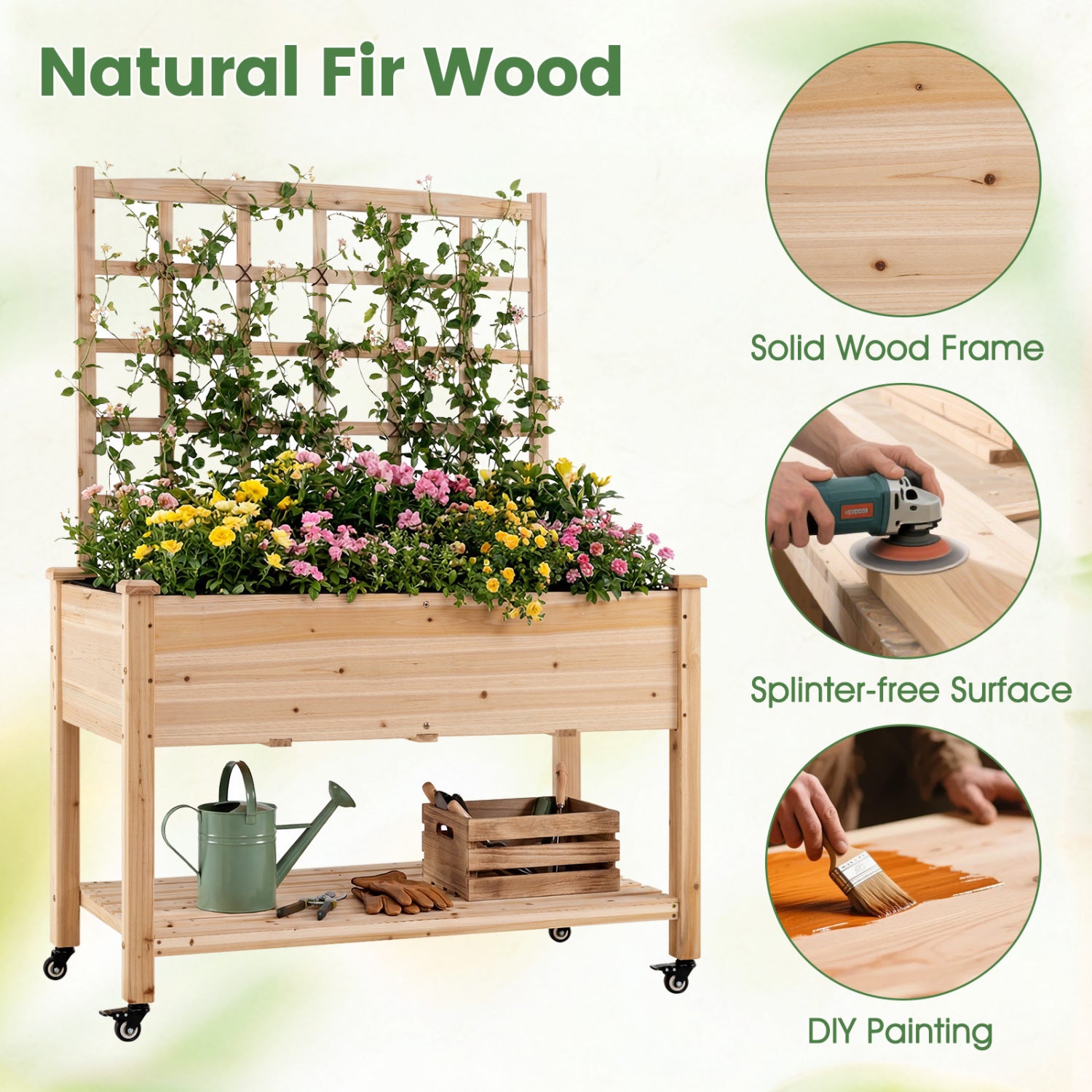 Wooden Mobile Raised Garden Bed on Wheels with Trellis