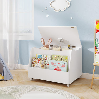 Wooden Mobile Toy Storage Organizer with Bookshelf and Lockable Wheels-White