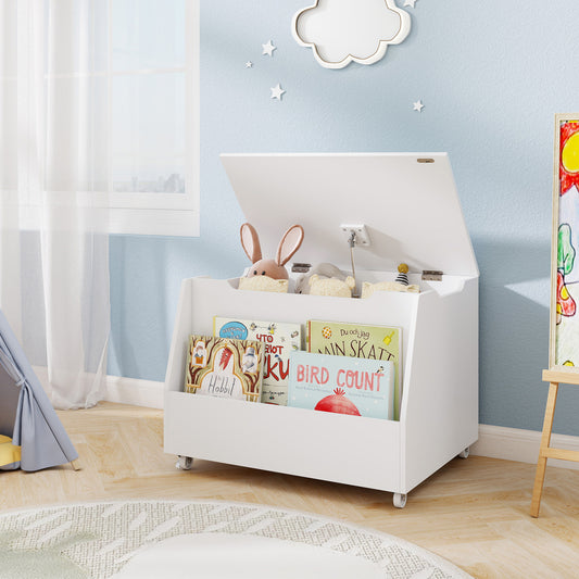 Wooden Mobile Toy Storage Organizer with Bookshelf and Lockable Wheels-White