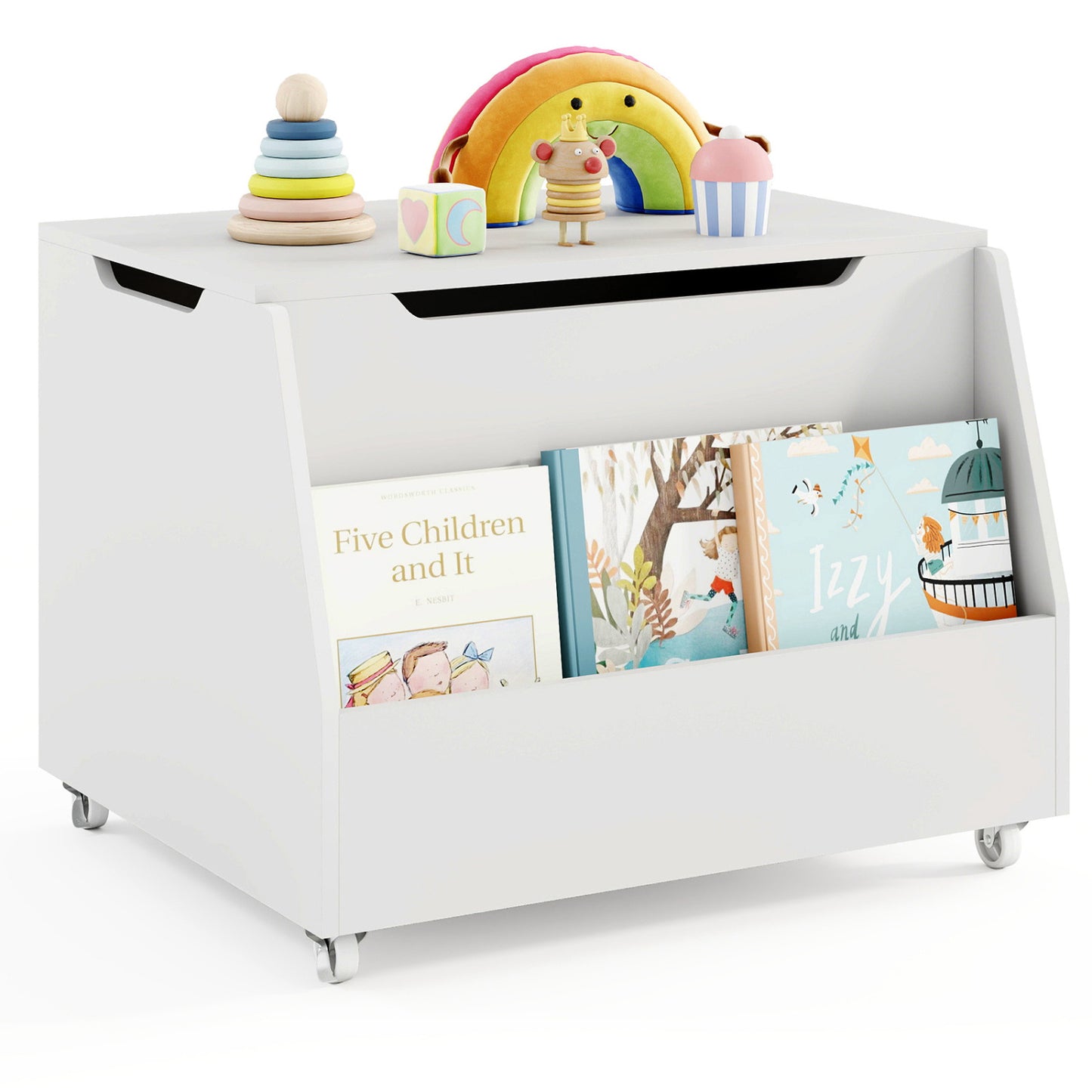 Wooden Mobile Toy Storage Organizer with Bookshelf and Lockable Wheels-White